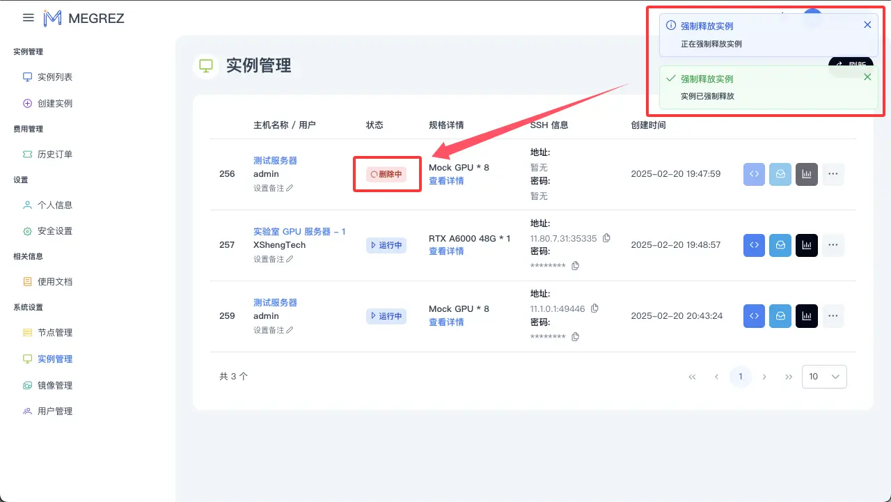 强制删除实例结果
